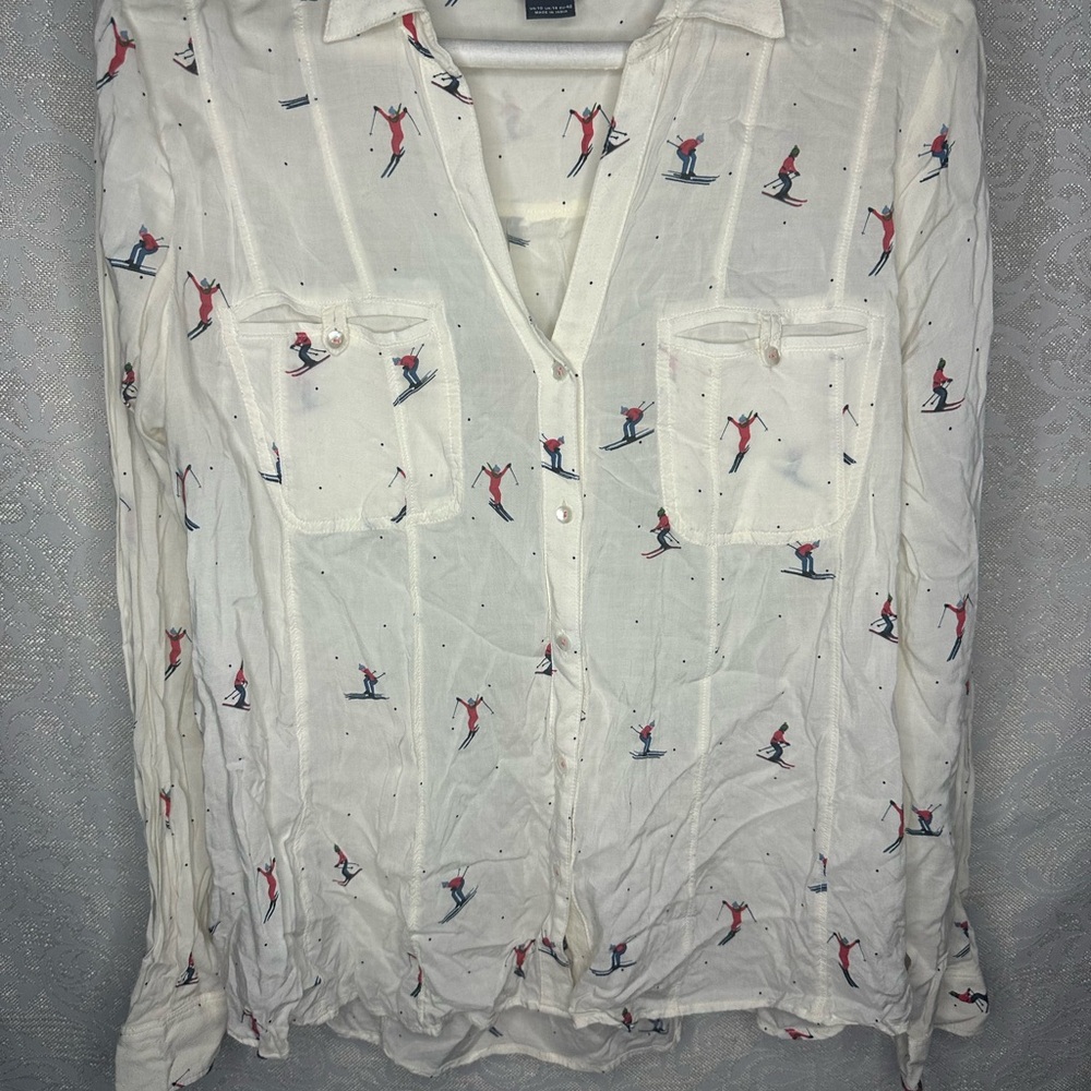 Maeve Cream Button-Down Shirt with Ski Print